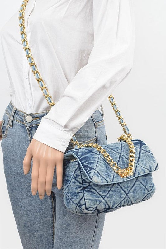 Chunky Chain Washed Denim Iconic Shoulder Bag